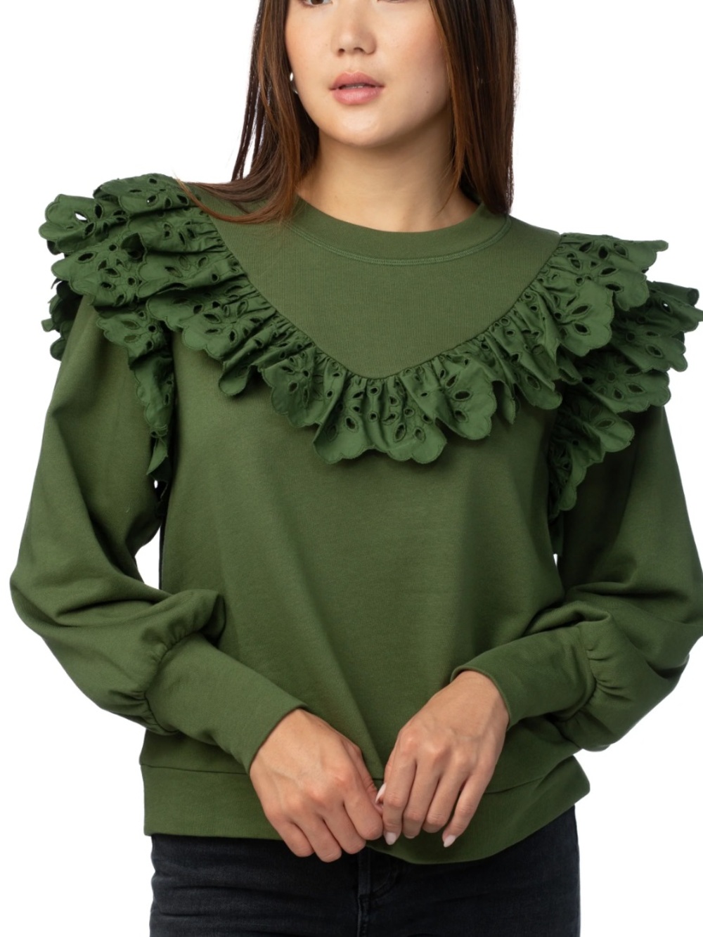 Crosby by Mollie Burch Ollie Ruffle Sweatshirt in Moss Green Size Small